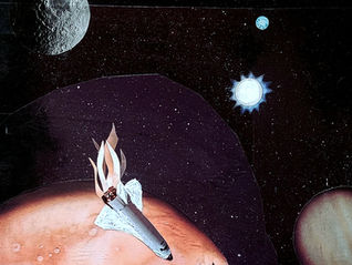 A collage image of a space shuttle crash-landing on a planet.