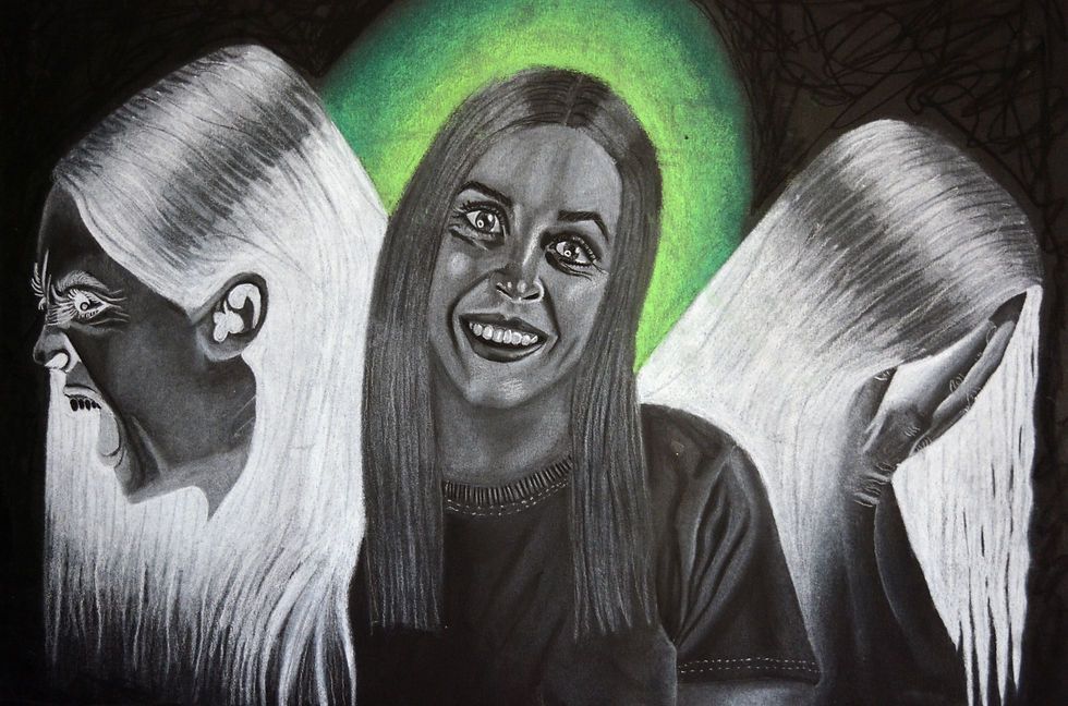 Self-portrait of Rachel Beeson depicting masking of pain and other symptoms. Charcoal and chalk pastels on Black cotton-rag paper. Student work. 2021
