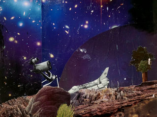 Collage of a rocky planet with a shuttle, telescope, and sparse plants under a vast dark sky with several galaxies in it by Rachel Beeson Art.