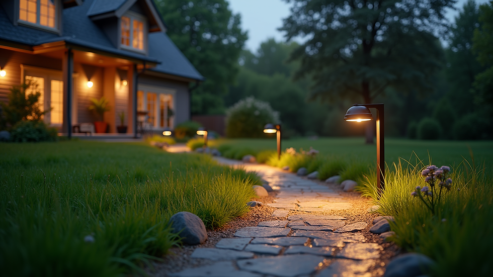 Eye-level view of a backyard with solar-powered lighting and smart irrigation system
