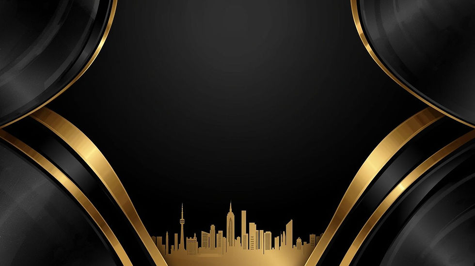 A sleek black and gold luxury background with elegant abstract curves and subtle city skyl