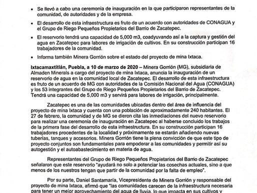 Comunicado de Minera Gorrión S.A. de C.V. ¡Gracias por su confianza!