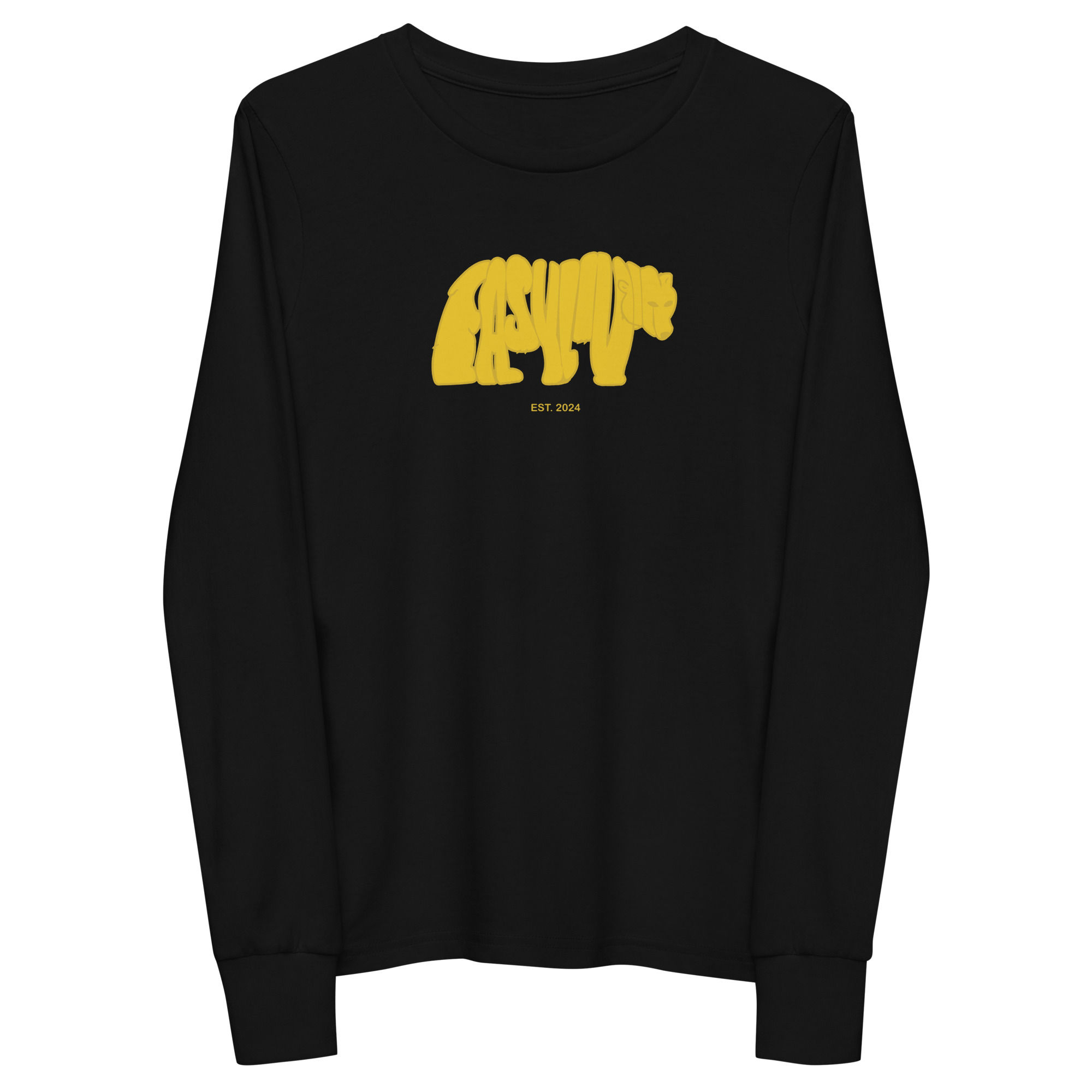 Youth long sleeve with a bear shaped logo on it, but the logo actually says easylivin. cute long sleeve tee for kids, youth. black and gold