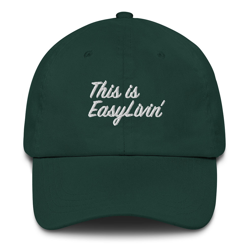 Dad hat with a cursive "This is Easylivin" written on the front in white. the perfect hat to wear when enjoying relaxing times. adjustable back. Olive dark green color