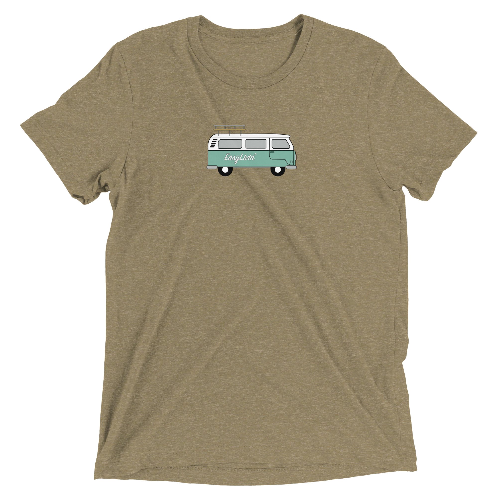 beach cruising tee in unisex adult tee. VW Bus in teal color. vintage look and feel