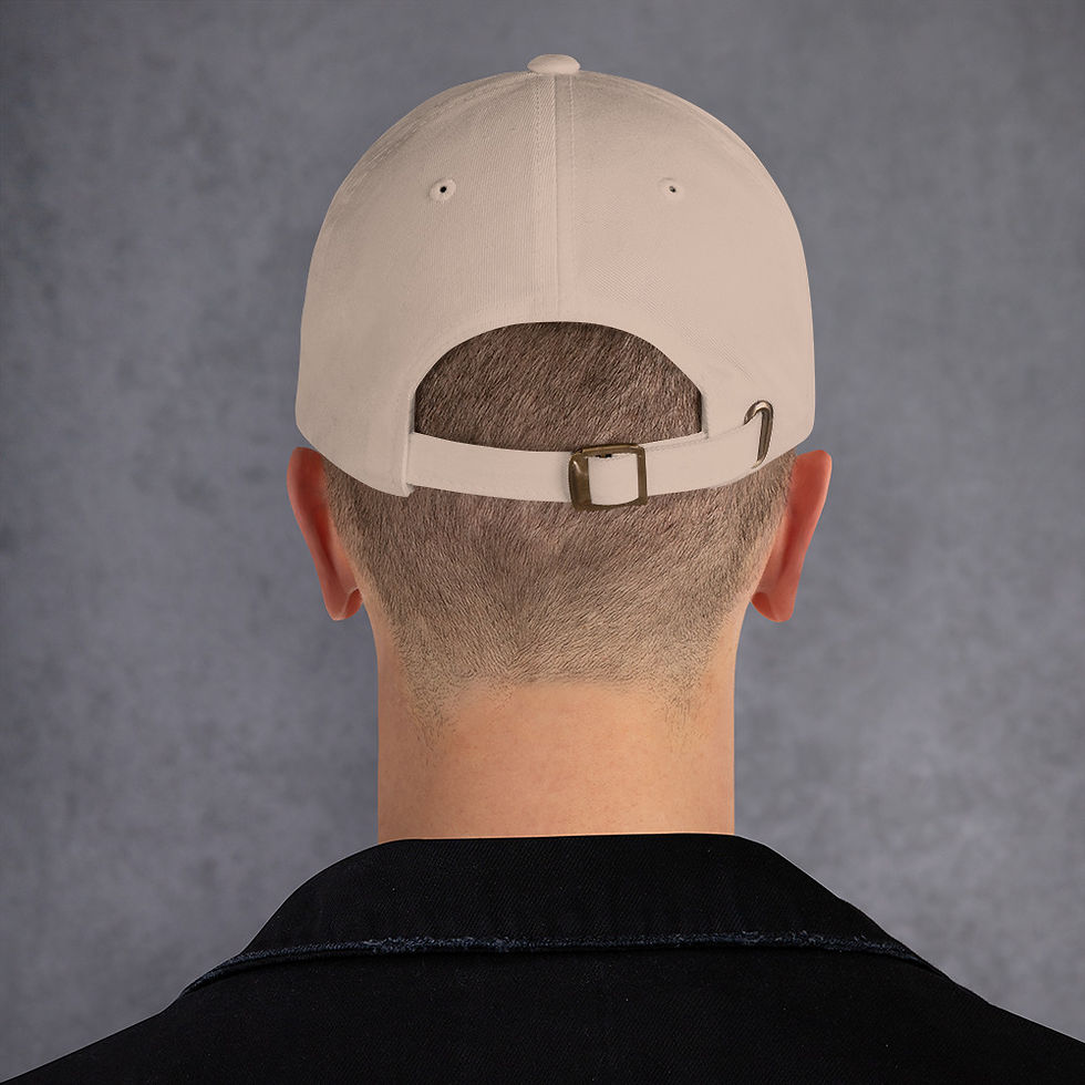 Thumbnail: man back view offront view of easylivin casual dad hat with fish on front, tan colored, adjustable back