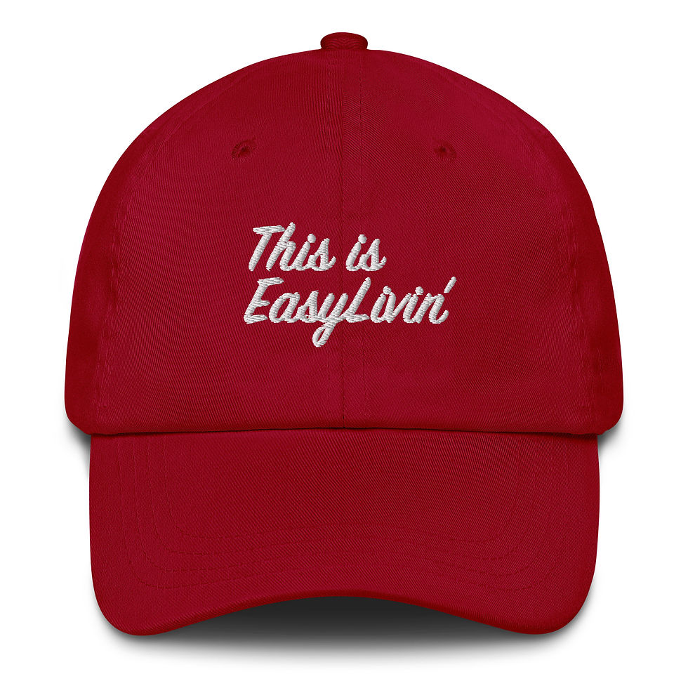 Thumbnail: Dad hat with a cursive "This is Easylivin" written on the front in white. the perfect hat to wear when enjoying relaxing times. adjustable back. dark red color