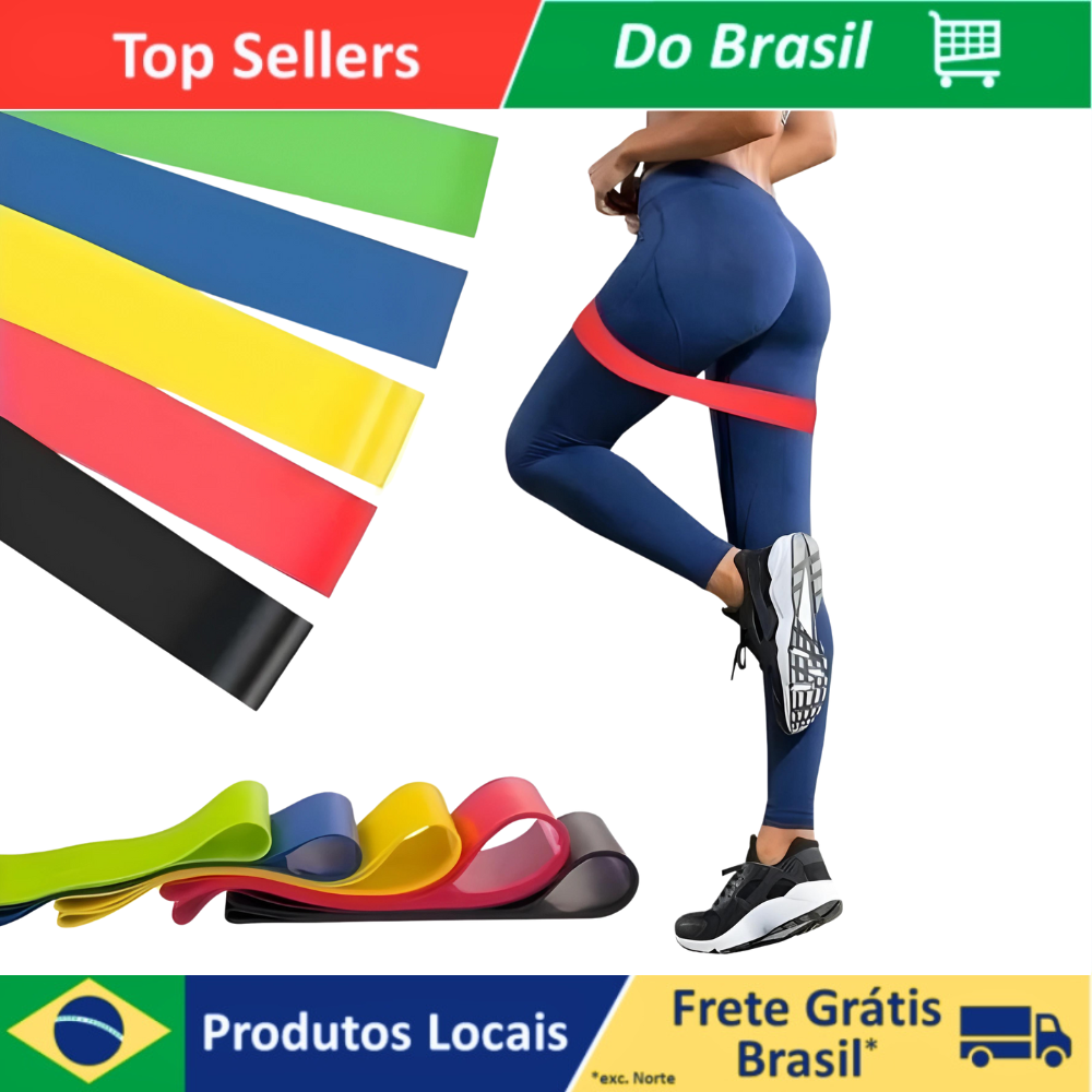 Conjunto de 5 faixas elásticas de resistência para treino de Ioga e Pilates.