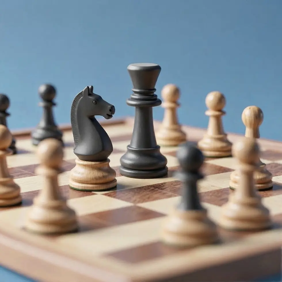 Digital illustration of a chessboard setup. A black knight and king are in focus, surrounded by pawns, suggesting a strategic game in progress.