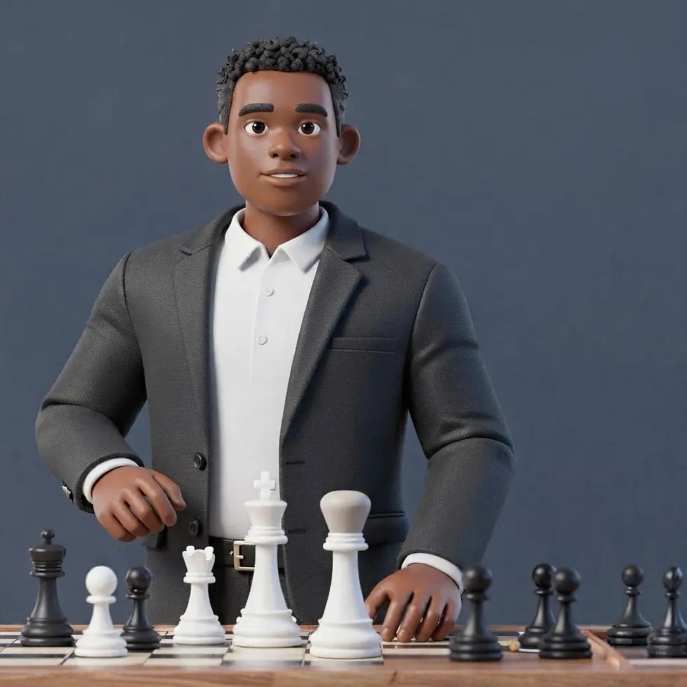 3D rendering of a Black man in a suit playing chess. The image conveys strategy and focus.
