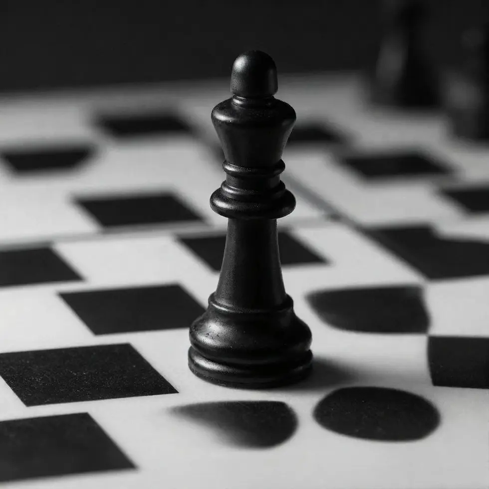 Black and white photography of a lone black chess king positioned on a chessboard. The image evokes strategy and focused concentration.