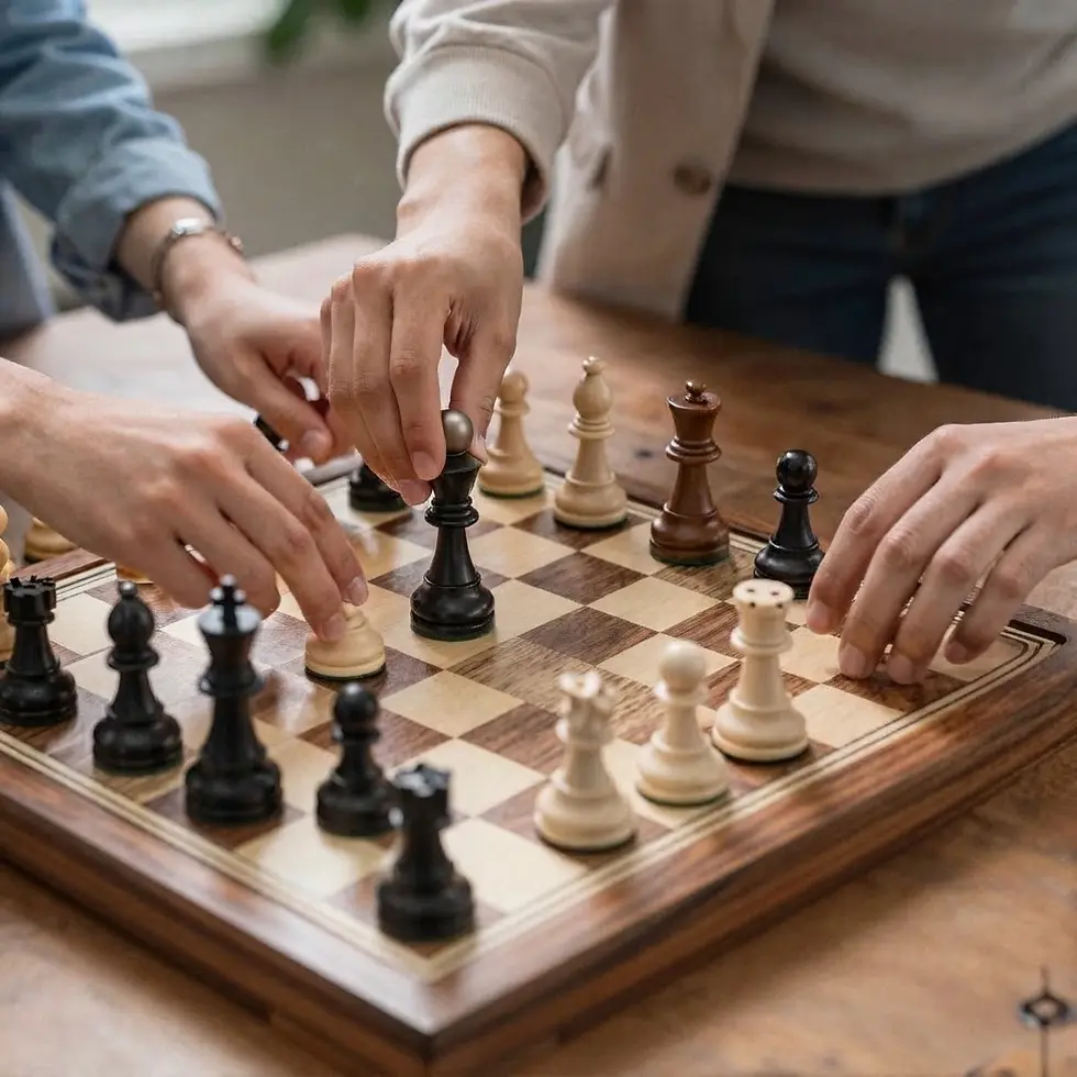 Lifestyle photography of hands strategically moving chess pieces on a wooden board. The scene conveys a sense of concentration and intellectual engagement.