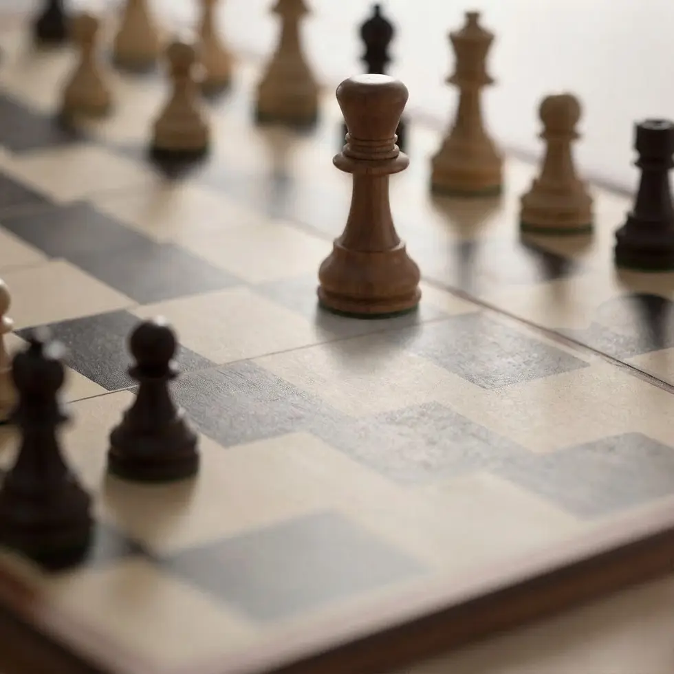 Still life photography of a wooden chessboard set up for a game. The focus on a central pawn conveys strategy and anticipation.