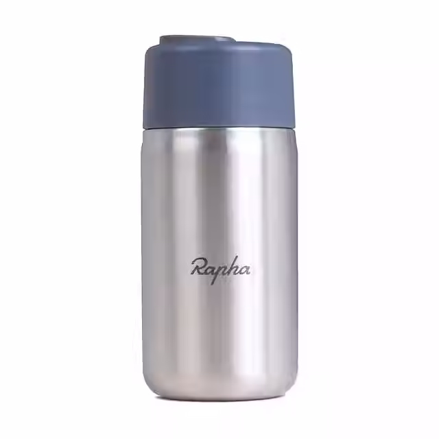 Close-up of the Black+Blum x Rapha insulated coffee cup, featuring a sleek matte finish and the Rapha logo.