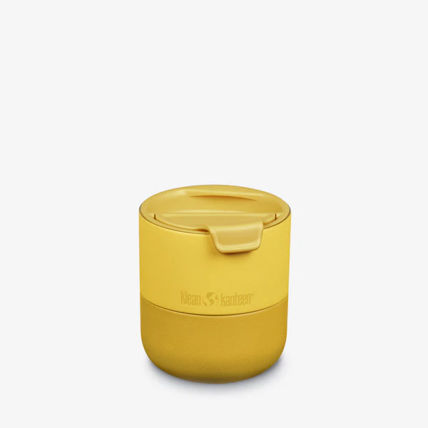 Klean Kanteen Rise Lowball Tumbler with Flip Lid in vibrant yellow, showcasing its insulated design for hot and cold drinks.