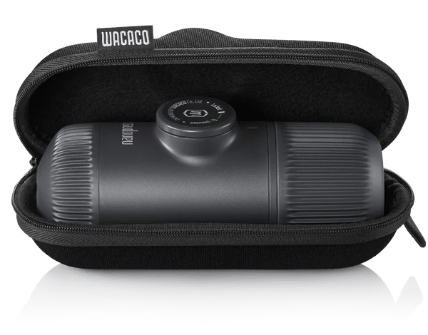 Wacaco Nanopresso espresso maker stored neatly in a black protective travel case.