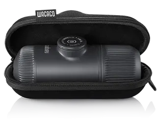 Wacaco Nanopresso espresso maker stored neatly in a black protective travel case.