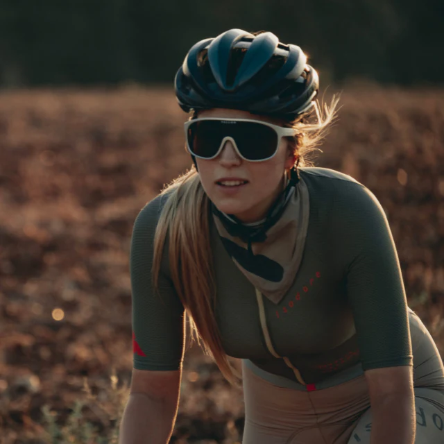 Women cycling wearing the silver Vallon Watchtowers cycling sunglasses