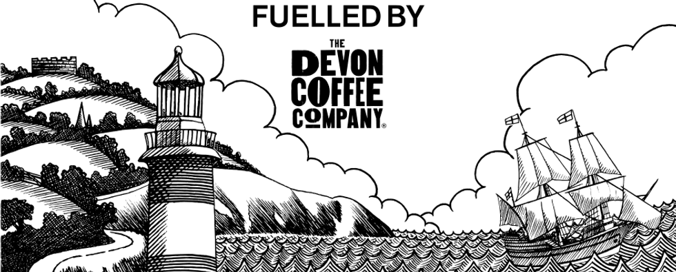 Fuelled by Devon Coffee Company Coffee promotional Banner. An illustration of the Plymouth coastline featuring a lighthouse