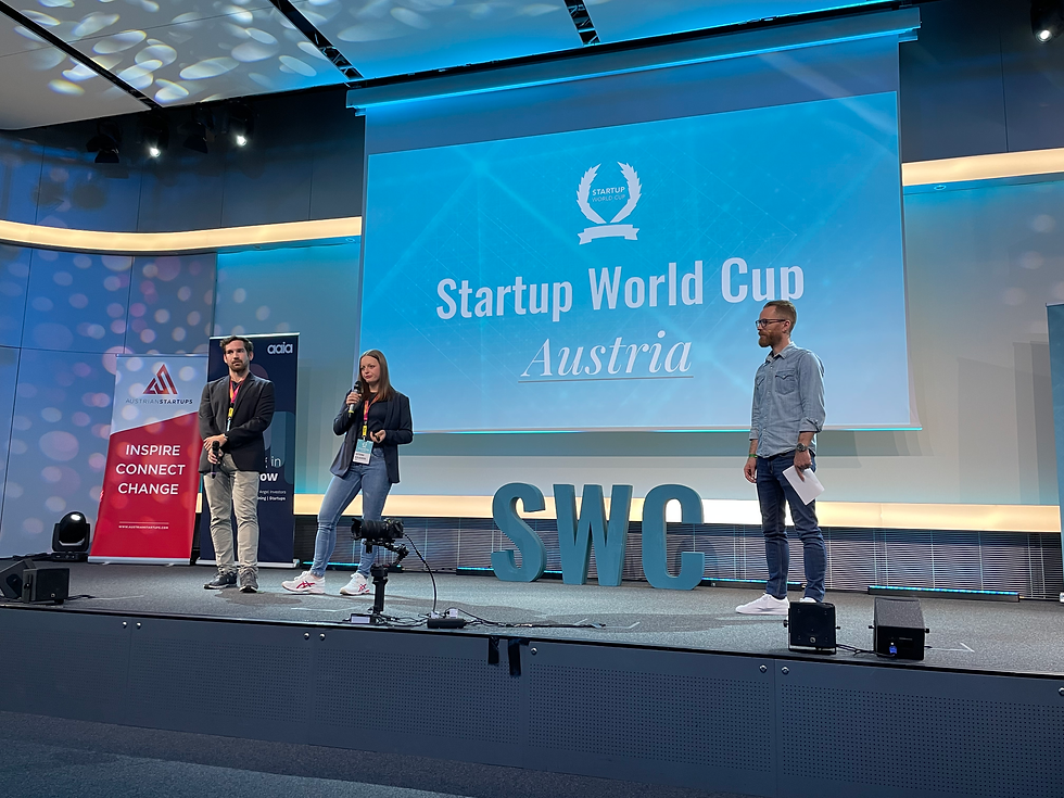 Katerina and Philipp during their pitch at the final of the Startup World Cup 2022 in Vienna