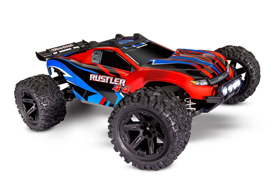 Traxxas Rustler XL-5 rojo, vista principal frontal en tres cuartos