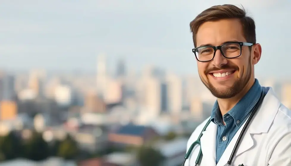 Smiling young doctor with glasses, wearing a white coat and stethoscope, stands against a blurred cityscape background, conveying a friendly mood.