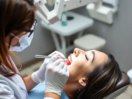 Dentist wearing a mask examines a patient's teeth with tools in a dental clinic. Patient is reclining, setting is clean and professional.