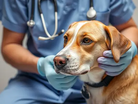 Vet in blue scrubs and gloves examines a calm dog in a clinic. Stethoscope visible. Warm setting, focused mood.