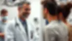 Smiling doctor talks to a patient in a medical setting. Others, including a masked figure, are in the background. Bright, friendly atmosphere.