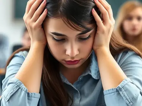 Upset Student with low UCAT score in a denim shirt holds head in frustration during a class. Blurred classmates in background. Classroom setting, focused mood.