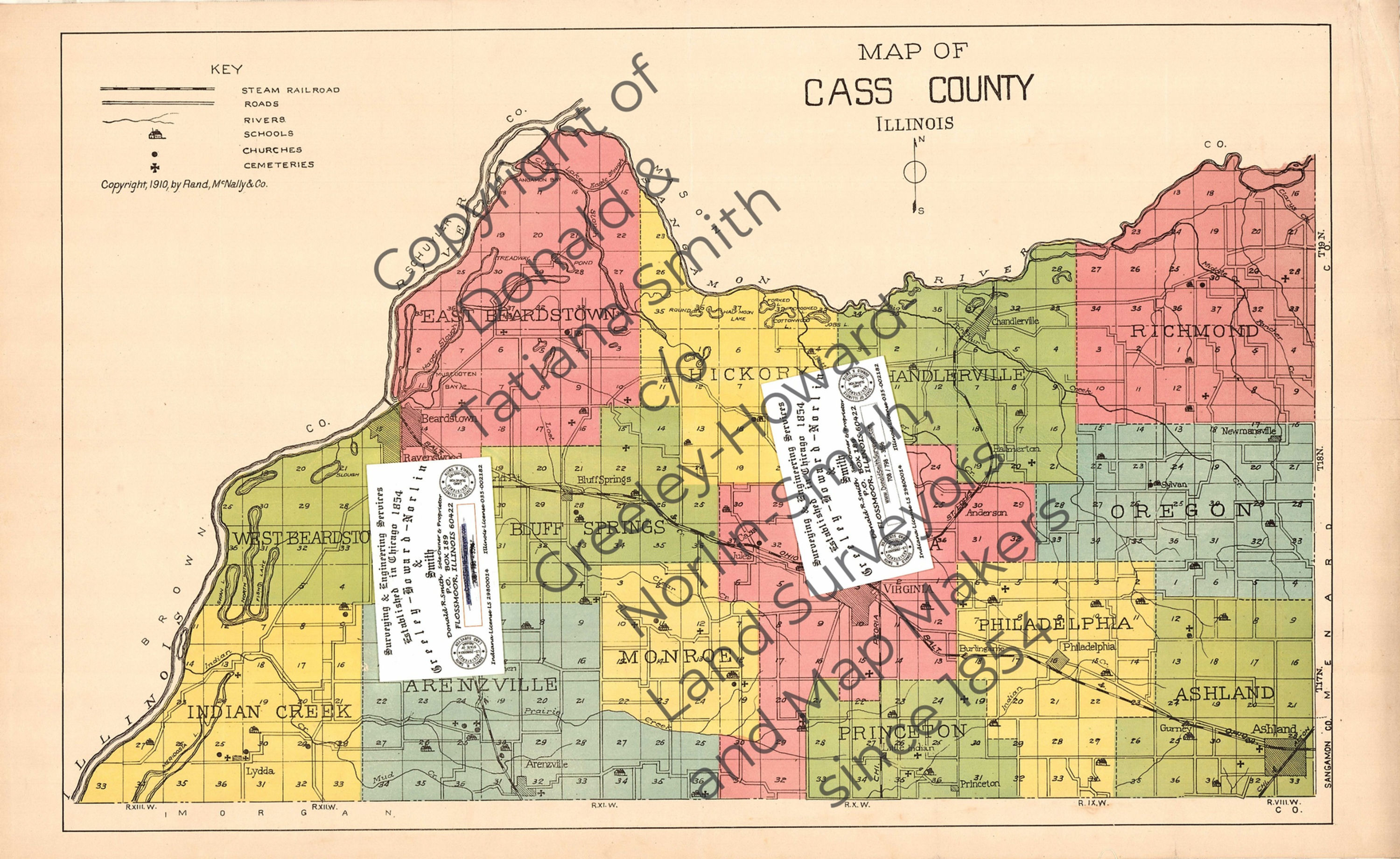 Antique 1910 Map of Cass County, Illinois, by Rand McNally & Co.