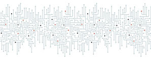 A complex pattern of interconnected lines and nodes in various colors, resembling a circuit board design.