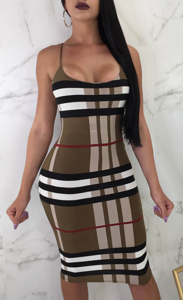 Thumbnail: Spaghetti Stripe Plaid Stretch Bodycon Midi Dress