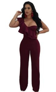Thumbnail: Womens Ruffle One Shoulder Wrap Long Pants Jumpsuit Brazil