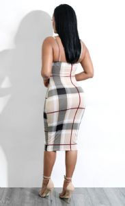 Thumbnail: Spaghetti Stripe Plaid Stretch Bodycon Midi Dress