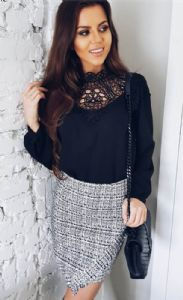 Thumbnail: High Collar Lace Hollow Out Spring Blouse