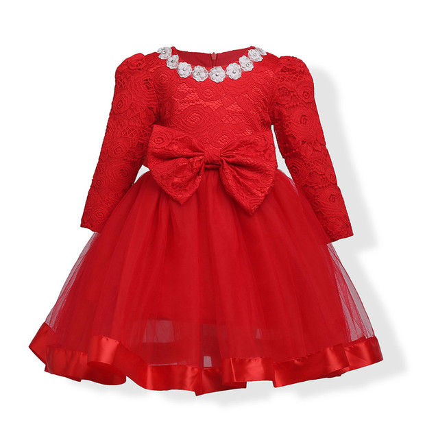 Long Sleeve Gauze Patch Bowknot Red Girls Party Dress