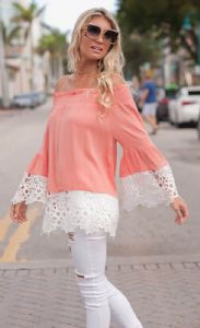 Thumbnail: Slash Neck Chiffon Lace Patchwork T Shirt