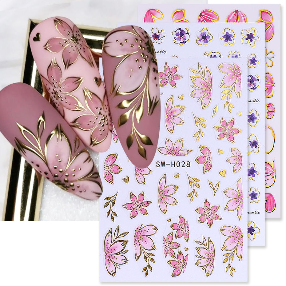 2/3-Piece Golden Pink Hibiscus & Sakura 3D Bronzing Nail Stickers
