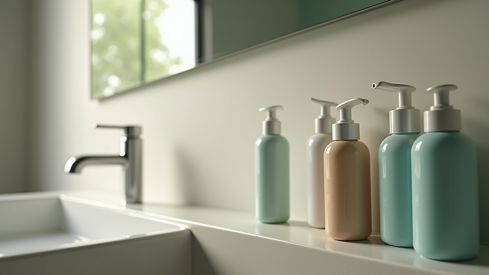 Eye-level view of hair care products on a bathroom shelf