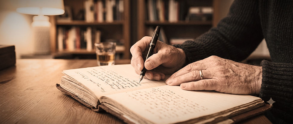 Elderly hands write in an open journal at a wooden table, with warm lamplight, bookshelves, and a glass in the background.