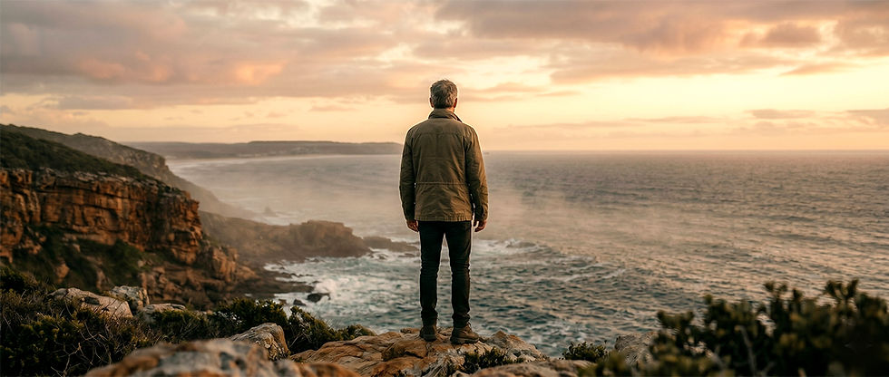 Man stands on a rocky cliff overlooking a calm ocean at sunset, facing the horizon under a warm pink-orange sky.