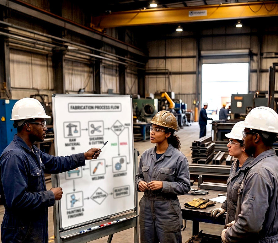 A diverse group of four industrial professionals, trainees of DGC TalentWorks, in work overalls and safety gear inside a manufacturing workshop. An African man points to and explains a "FABRICATION PROCESS FLOW" diagram on a whiteboard to three attentive colleagues. The background shows a busy fabrication environment.