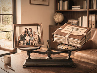 A balance scale in a warm study weighing a framed family portrait against a stack of succession and capital allocation documents with gold coins