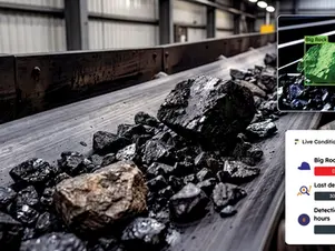 Coal and a large rock on an industrial conveyor belt, with a live panel showing Big Rock detected and last detection 30 min ago.