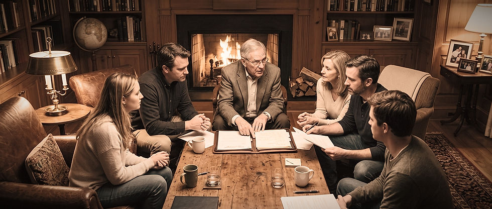 Multigenerational family discussing legacy and trust documents by the fireplace" or "Patriarch leading a family conversation about business succession and legacy planning