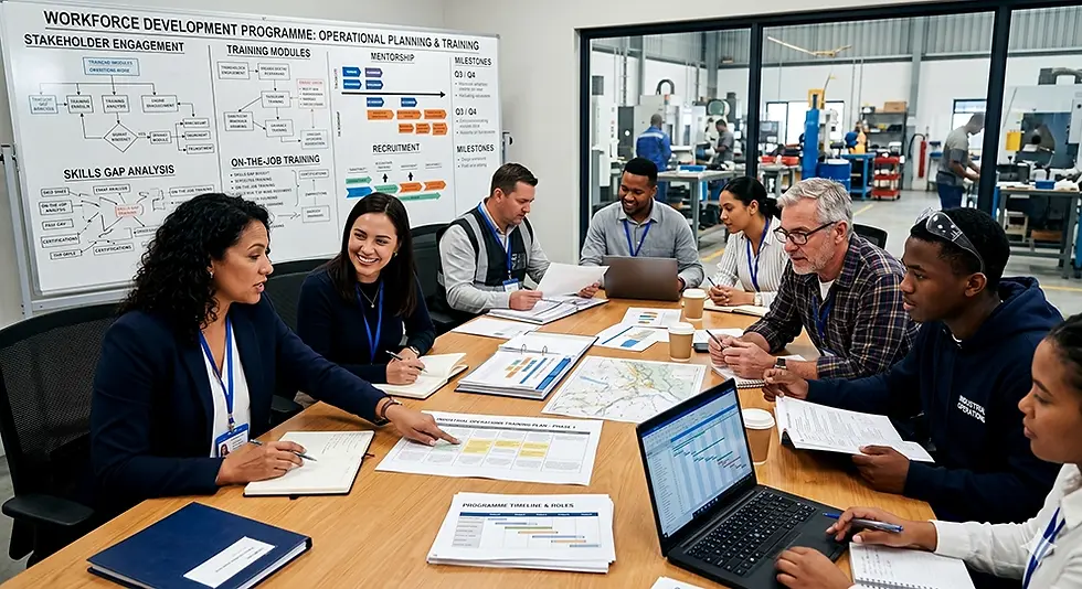 Team meeting in a workshop, reviewing workforce development plans at a table with charts, laptops, and a whiteboard labeled Operational Planning & Training