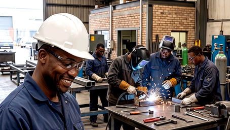 A smiling male DGC Talentworks inspector wearing a white hard hat , safety glasses, and blue overalls, takes notes on a clipboard in an active industrial workshop. Behind him, other workers perform welding and metal fabrication.