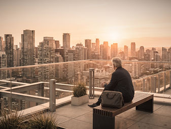 An older man sits alone on a rooftop bench with a briefcase beside him, looking out over a city skyline at sunset.