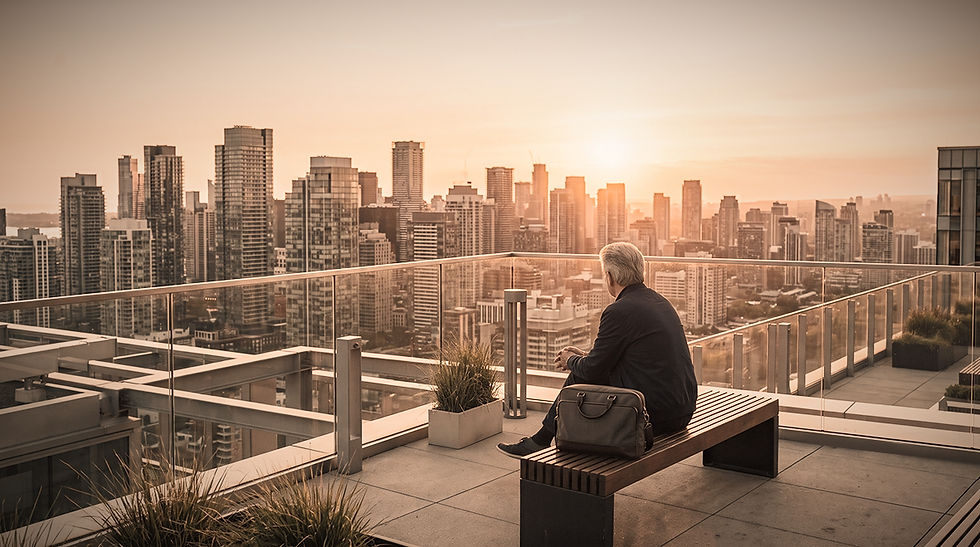 An older man sits alone on a rooftop bench with a briefcase beside him, looking out over a city skyline at sunset.